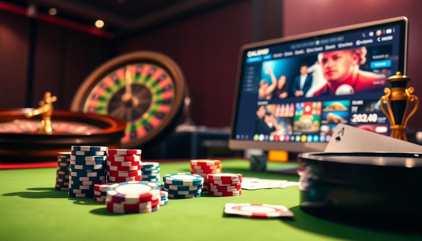 Experience excitement with online gambling at https://vaoluoitv.it.com featuring vibrant poker chips and a roulette wheel.