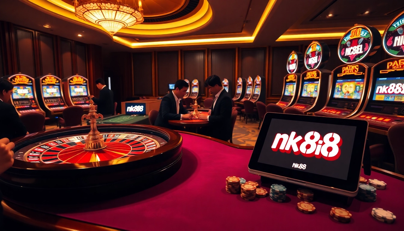 Experience NK88 win excitement with vibrant casino tables and players engaged in thrilling games.