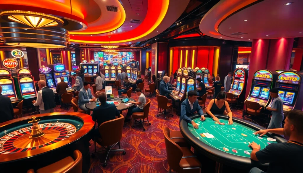Experience the exhilaration at VMAX Game's casino with vibrant players and exciting gaming tables.