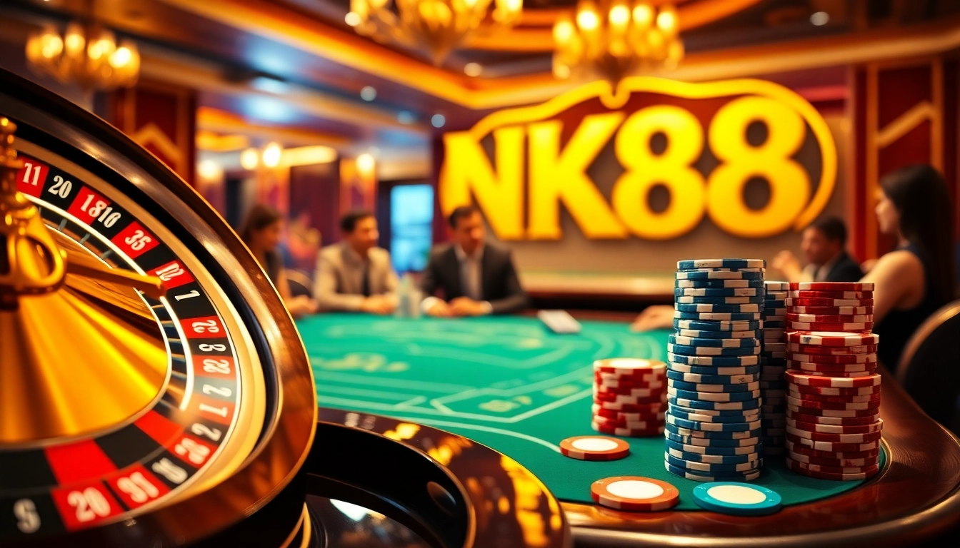 Experience high-stakes gambling at NK88 with luxurious tables and vibrant casino elements.