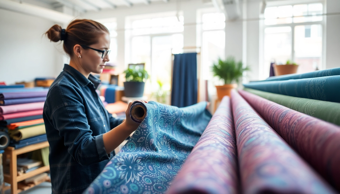 Ontdek unieke stretch stoffen designs met levendige kleuren en texturen in een creatieve studio.