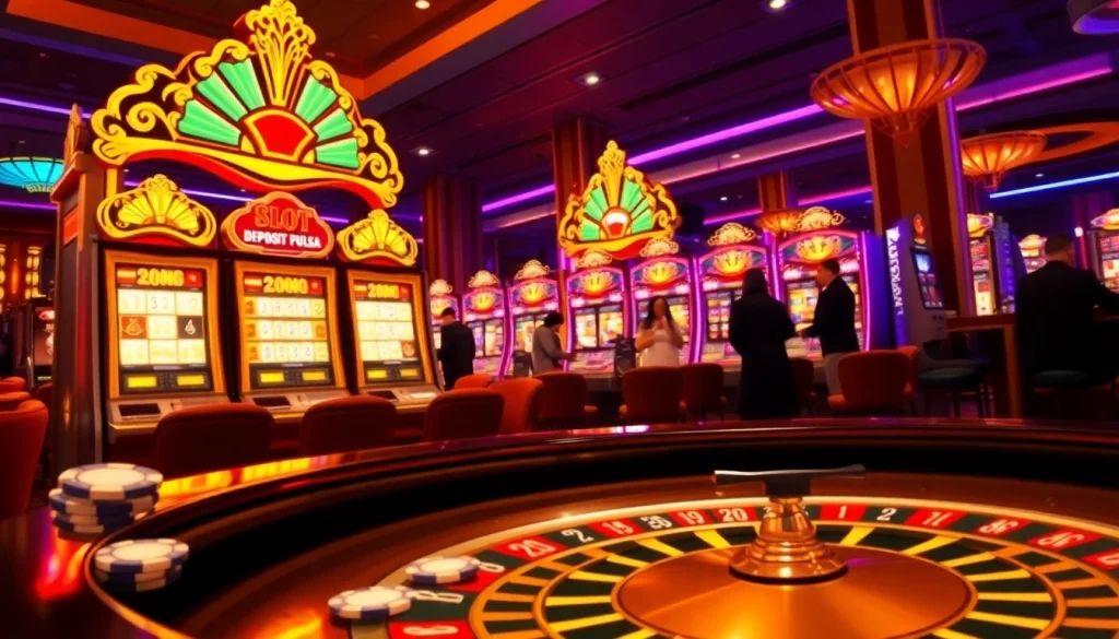 Berinteraksi dengan slot deposit pulsa di kasino yang semarak, menampilkan pemain bahagia dan permainan yang seru.
