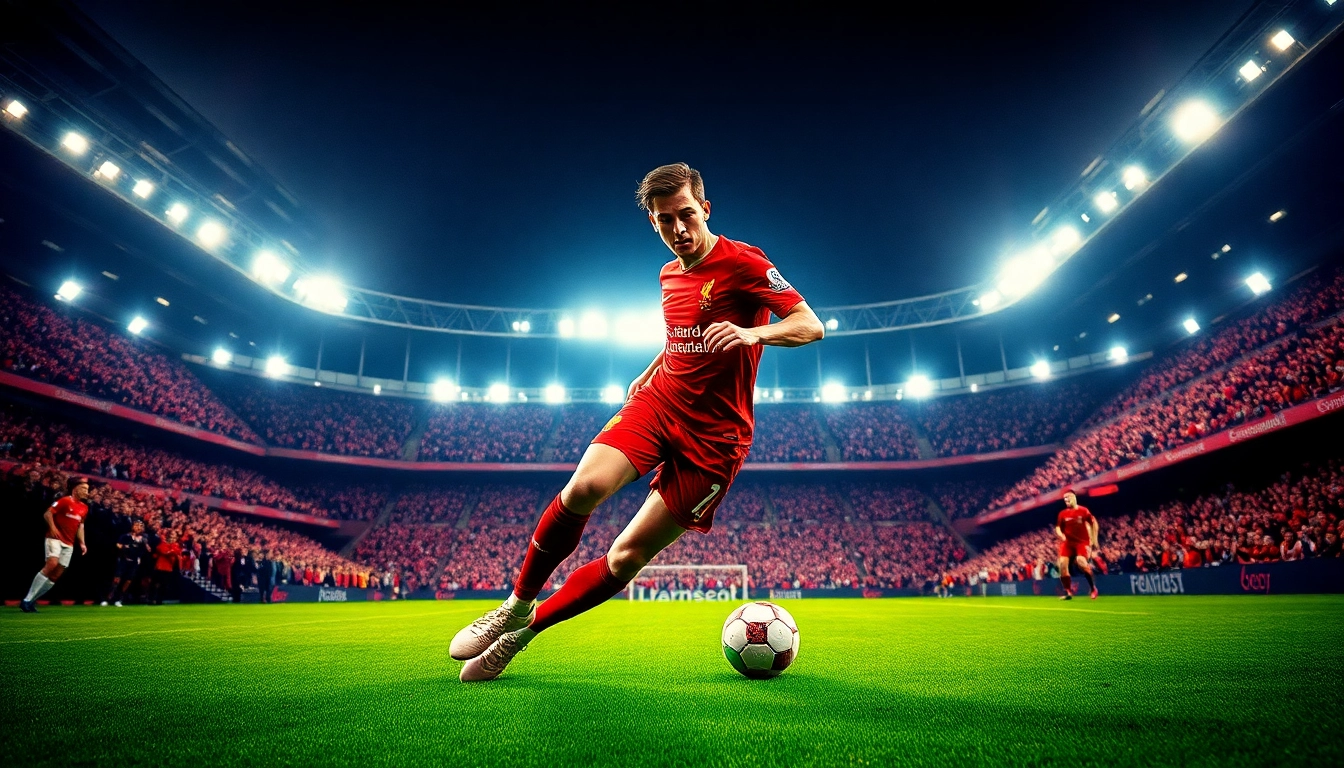 Liverpool FC player showcasing football in an intense moment during the Premier League.