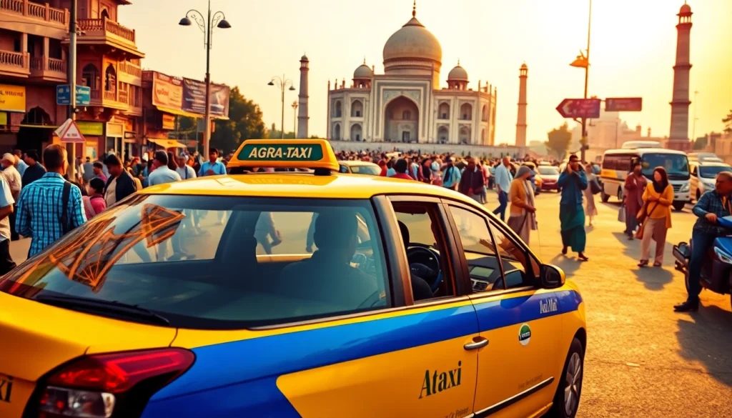 Reliable Agra Taxi service with friendly driver and iconic Taj Mahal in the background.