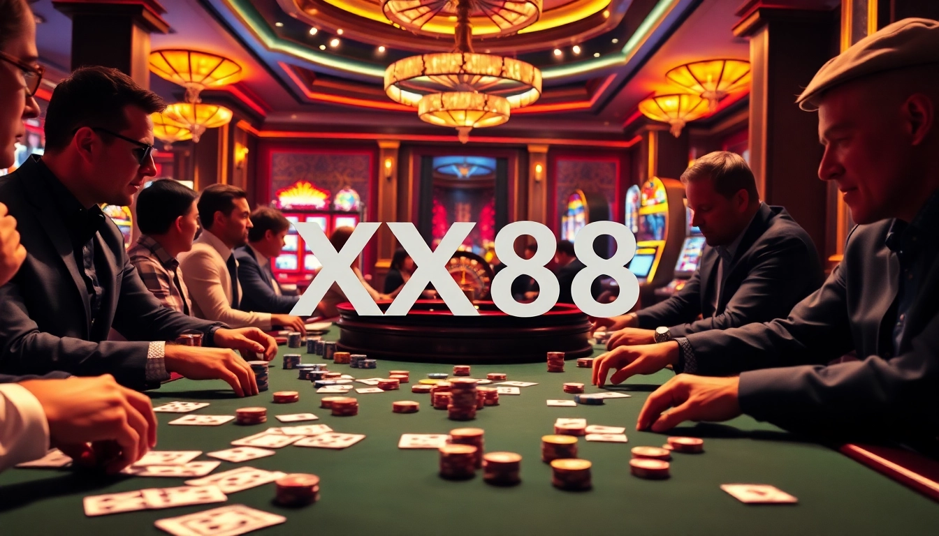 Players engaging at the glamorous XX88 casino table with vibrant poker chips and cards.