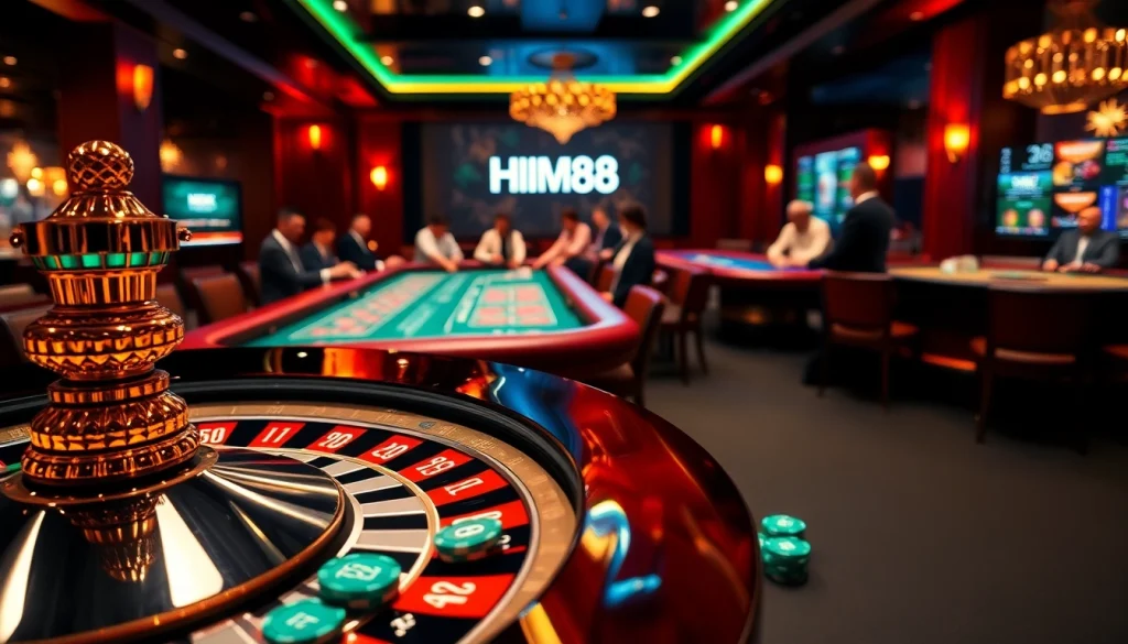 An exciting game moment at Nhà cái Hm88 featuring a roulette wheel and colorful poker chips.