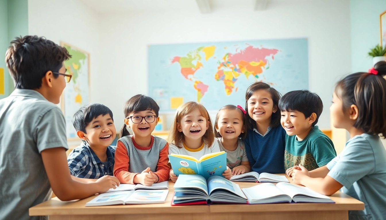 ベルリッツキッズの英会話クラスに積極的に参加する子どもたち。多様性と積極的な関与を示している。