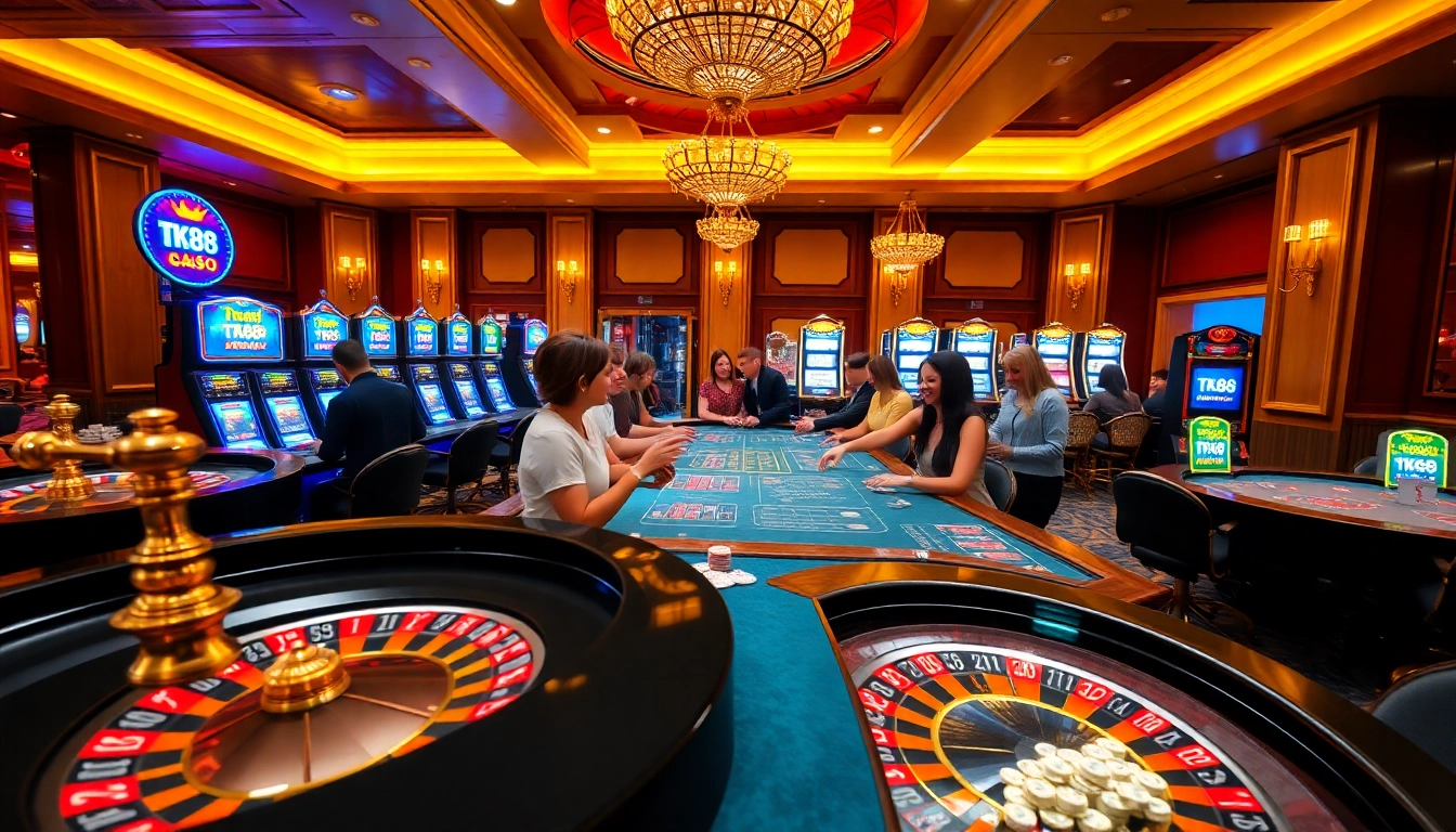 Experience the thrill of TK88 casino with luxurious tables, vibrant roulette, and engaged players.