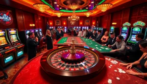 Players enjoying thrilling MK8-themed casino games with a roulette wheel and vibrant gaming tables.