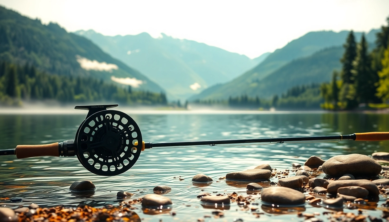 Casting a fly fishing combo by a tranquil lake, surrounded by nature's beauty.