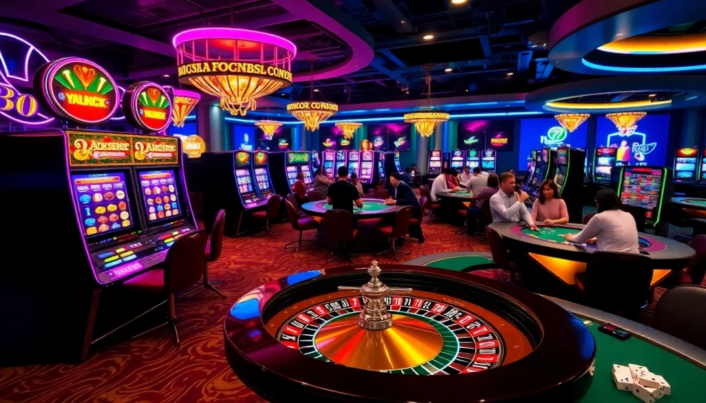Players enjoying vibrant games at KP88 casino, showcasing slot machines, poker tables, and thrilling atmosphere.