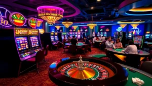 Players enjoying vibrant games at KP88 casino, showcasing slot machines, poker tables, and thrilling atmosphere.