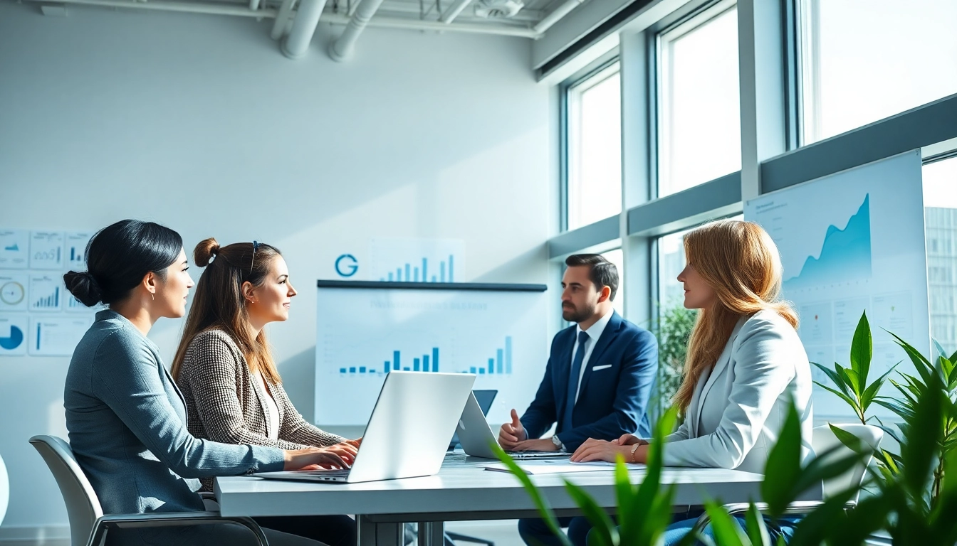 Engaged team discussing business growth insights in a modern office with bright natural light.