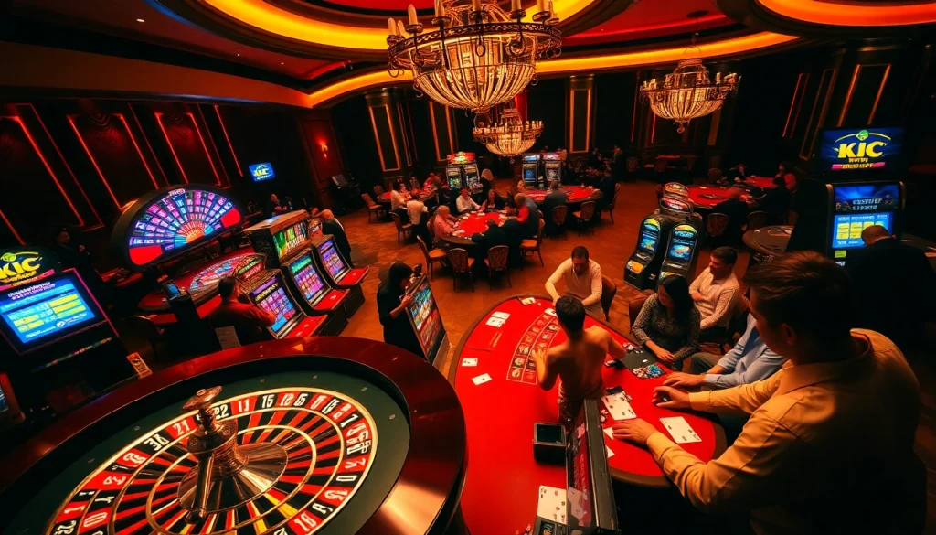 KJC players celebrating wins at vibrant casino tables with roulette, slots, and poker.