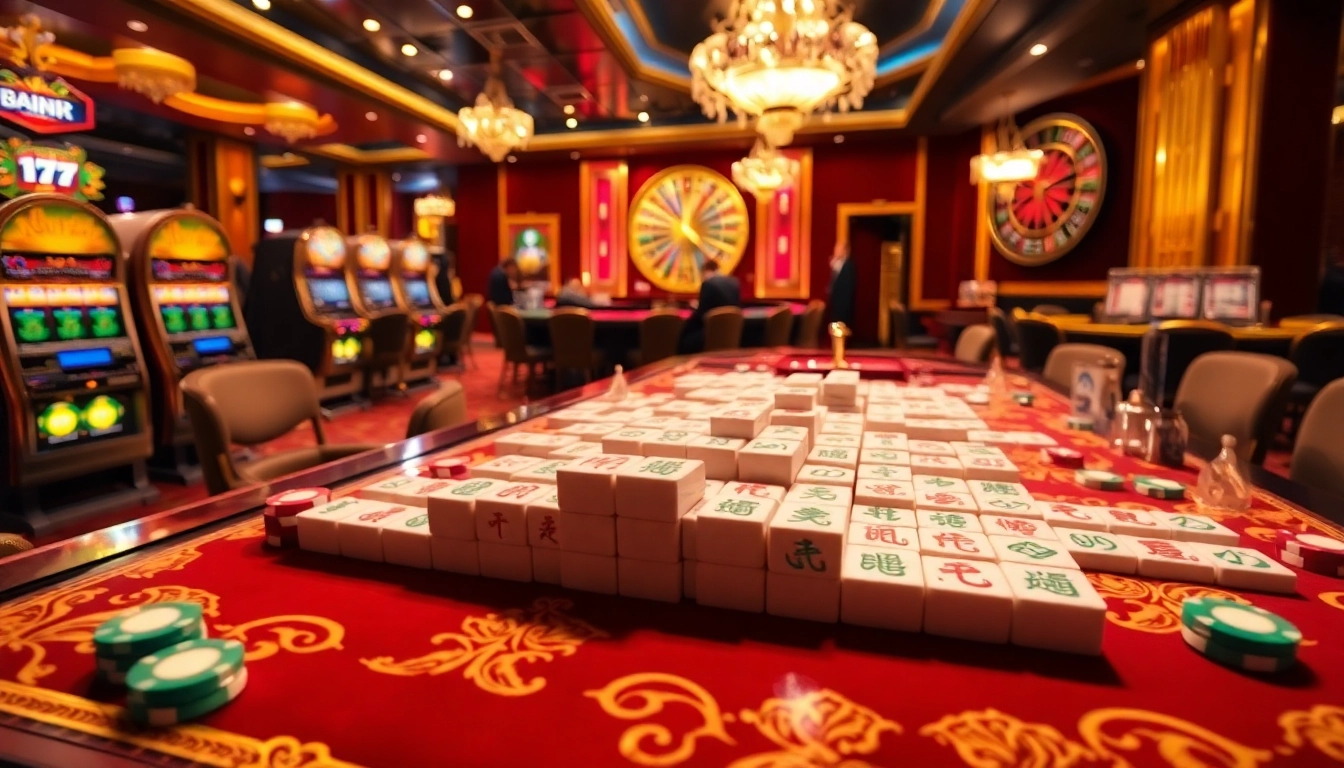 Players enjoying Mahjong Ways 2 amidst a vibrant casino atmosphere with gleaming slot machines and poker tables.