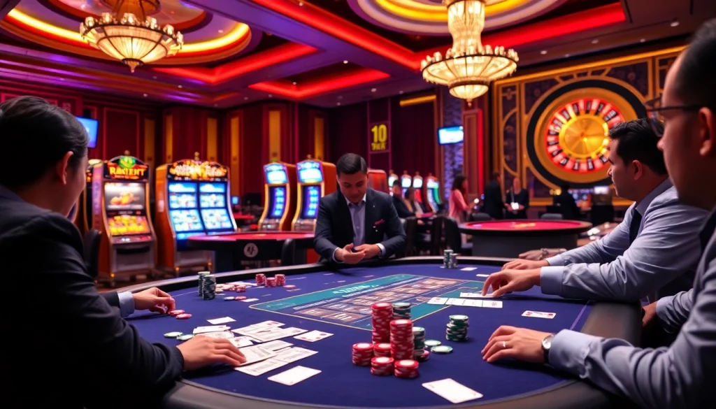 Exciting MM88 casino scene with poker table, slot machines, and roulette wheel