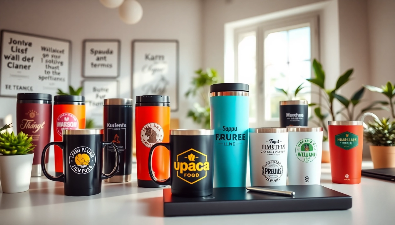 Termo puodelių spauda, demonstruojama su spalvingais individualiai pritaikytais dizainais modernioje darbo erdvėje.