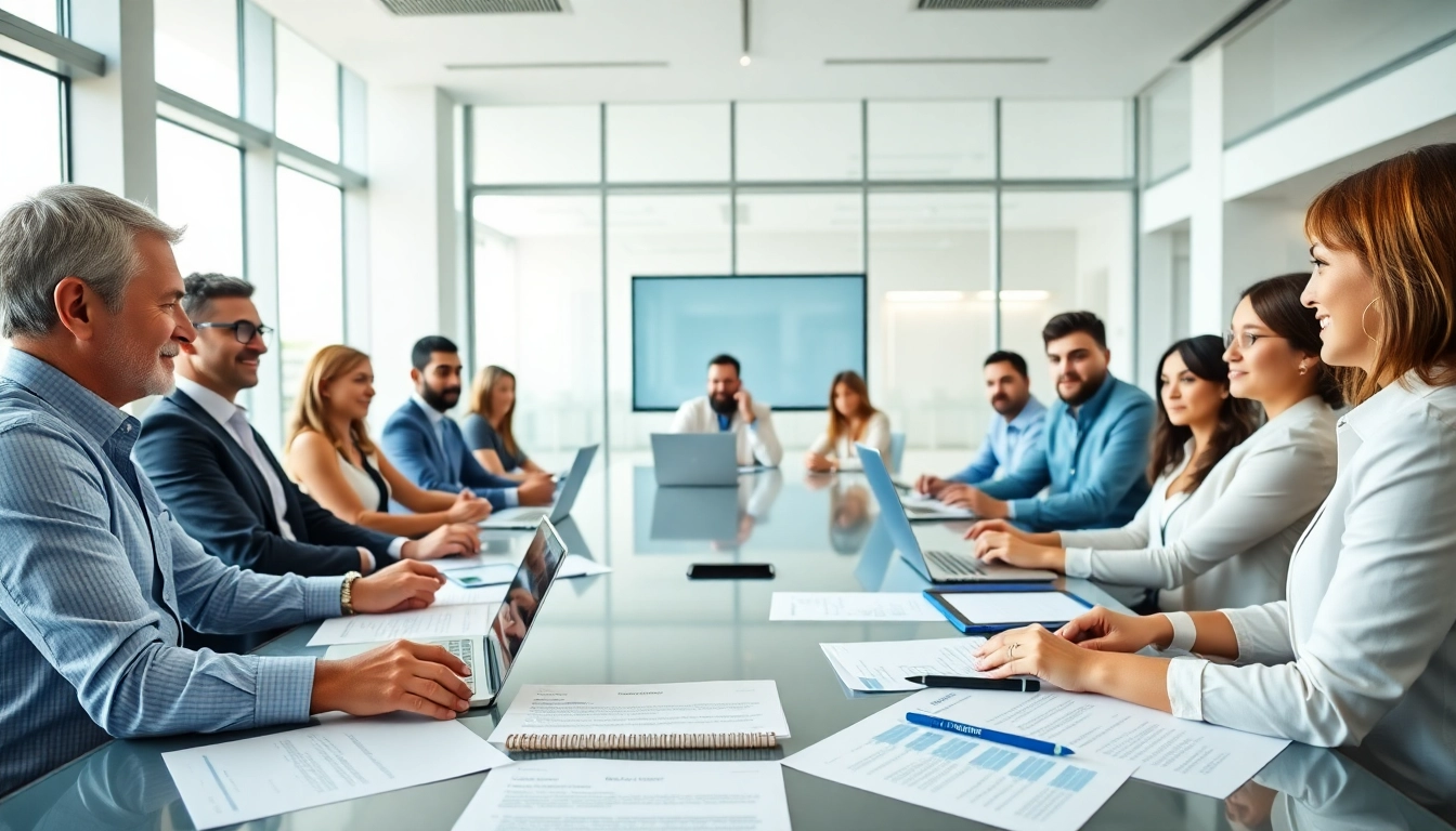 Engaging team discussion on Contract Management at a modern conference table.