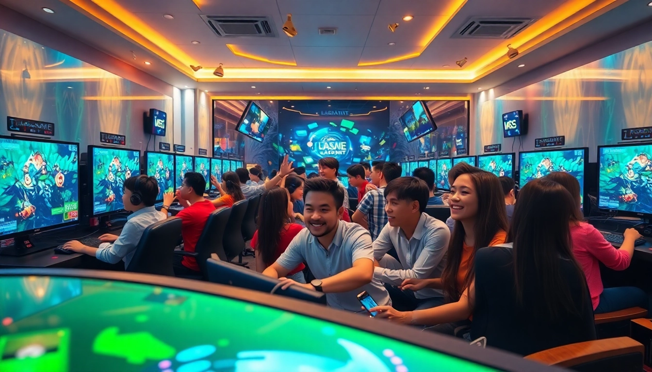 LAGAGAME77 gaming scene with diverse players enjoying interactive games in a vibrant online environment.