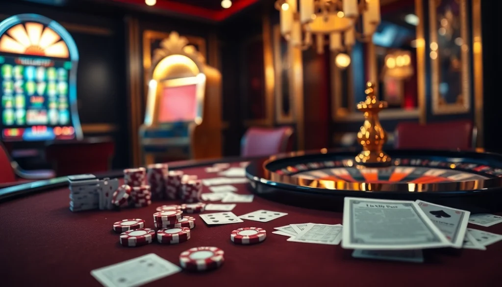 Bầu không khí chơi poker đầy phấn khích với LUCK8 và LUCKY8 cùng bàn chơi sang trọng, chip và bài.