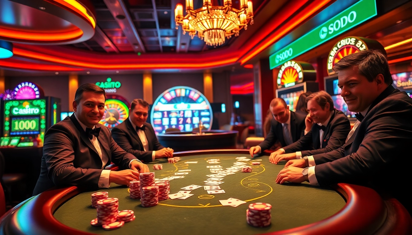 SODO casino with professional players at a high-stakes poker table, showcasing excitement and luxury.