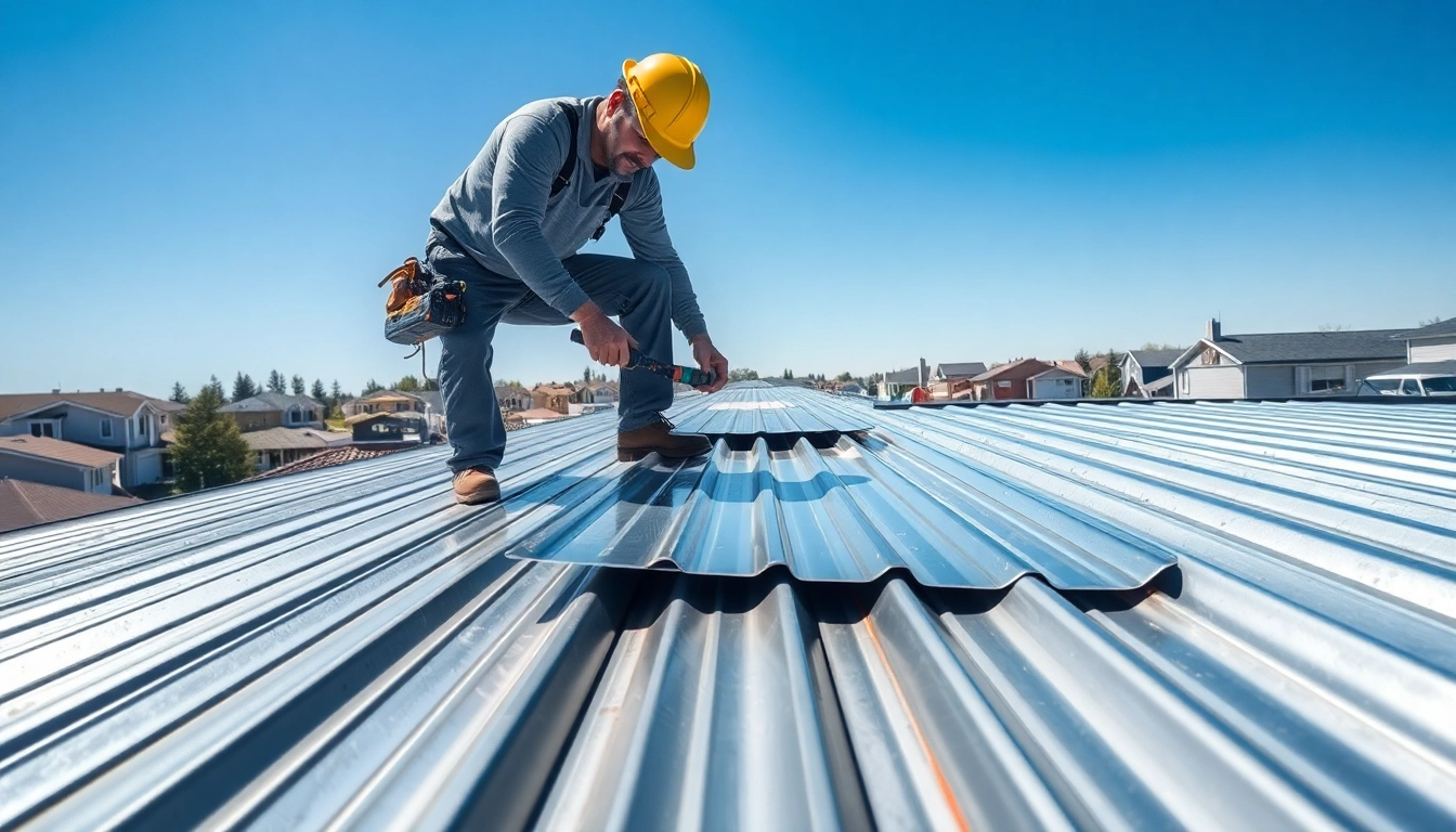 Skilled worker installing metal roofing calgary in a bright suburban setting, emphasizing quality craftsmanship.