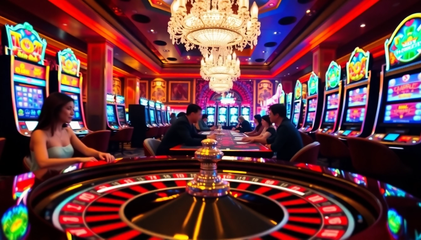 Players enjoying a dynamic gaming experience on slot online terpercaya, with illuminated machines and vibrant casino ambiance.