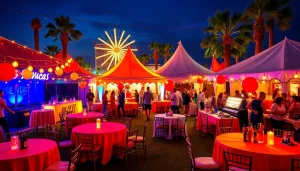 Las Vegas Party Rentals scene with colorful tents and guests enjoying a lively outdoor event.