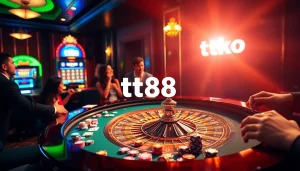 Engage with the excitement at a casino table featuring tt88 poker chips in action.