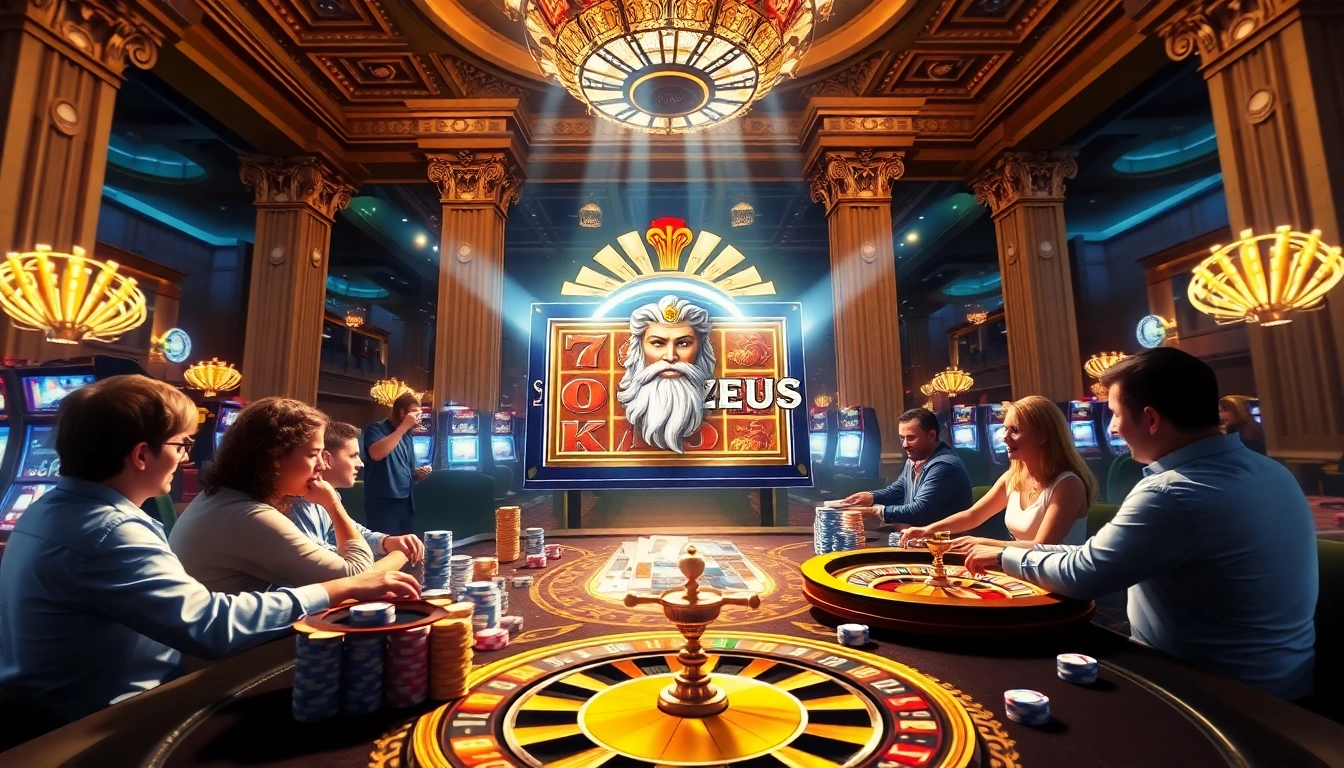 Engaging scene with players enjoying slot zeus machine in a luxurious casino setting.