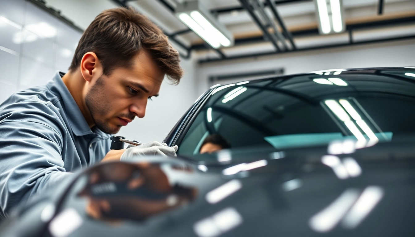 Technician applying ceramic coating Chattanooga to a sleek car in a bright garage.