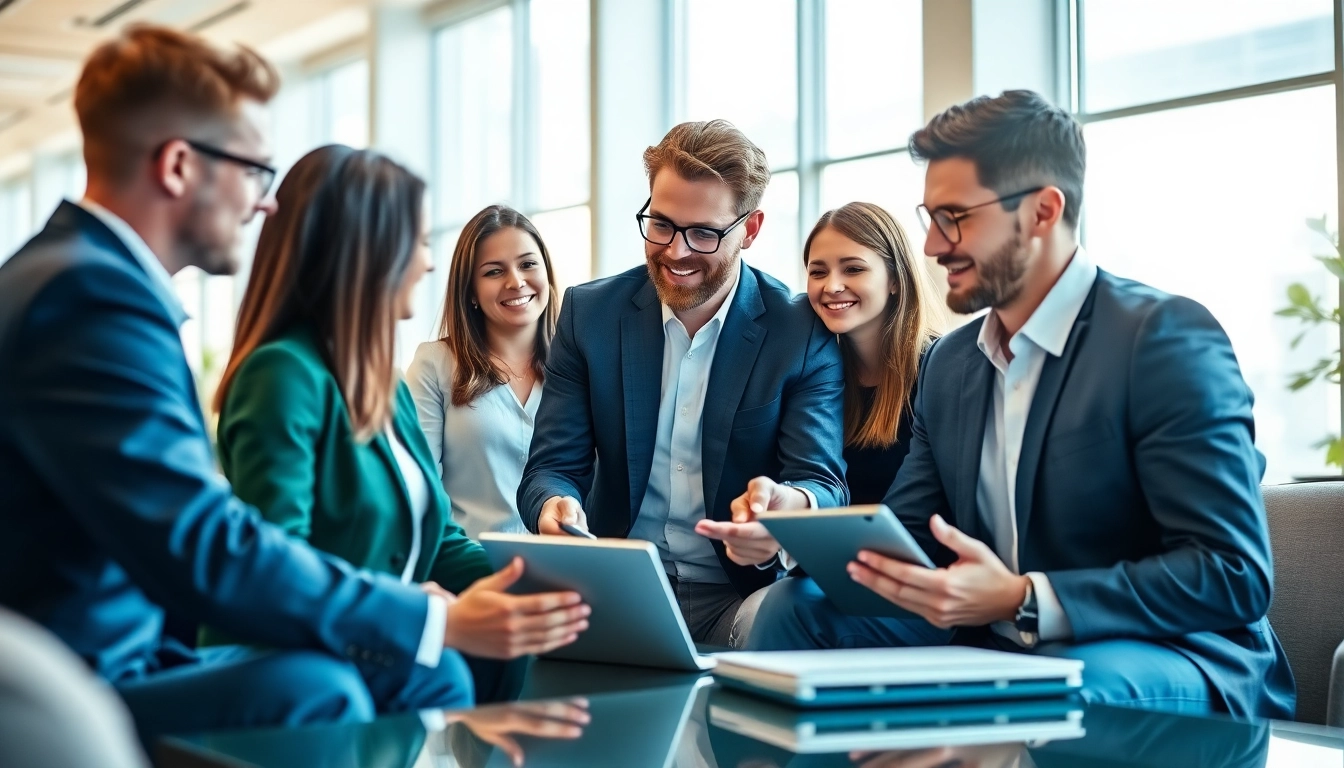 Engaging scene of a team collaborating to hire business development reps in a modern office