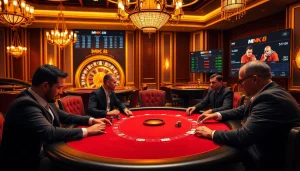 Engaging poker game at MK 8 casino showcasing intense players and vibrant casino elements.