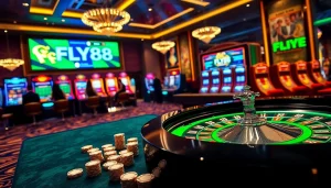Experience FLY88 trang chủ with exhilarating casino action featuring vibrant roulette wheels and poker chips.