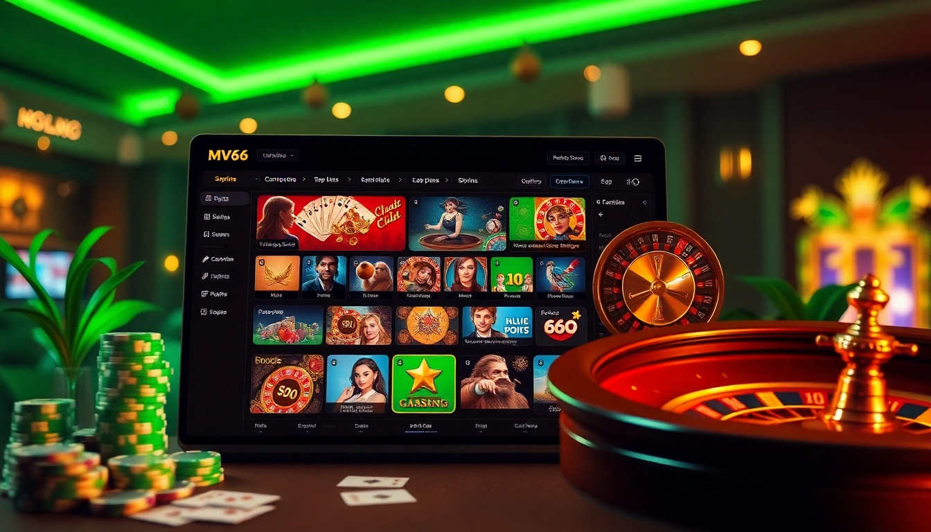 Exciting scene of online gambling at Nhà cái MV66 with casino tables and digital interfaces.