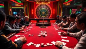 Trải nghiệm cảm giác chiến thắng tại cg79 với bàn casino sang trọng, chip bài poker và không khí sôi động.