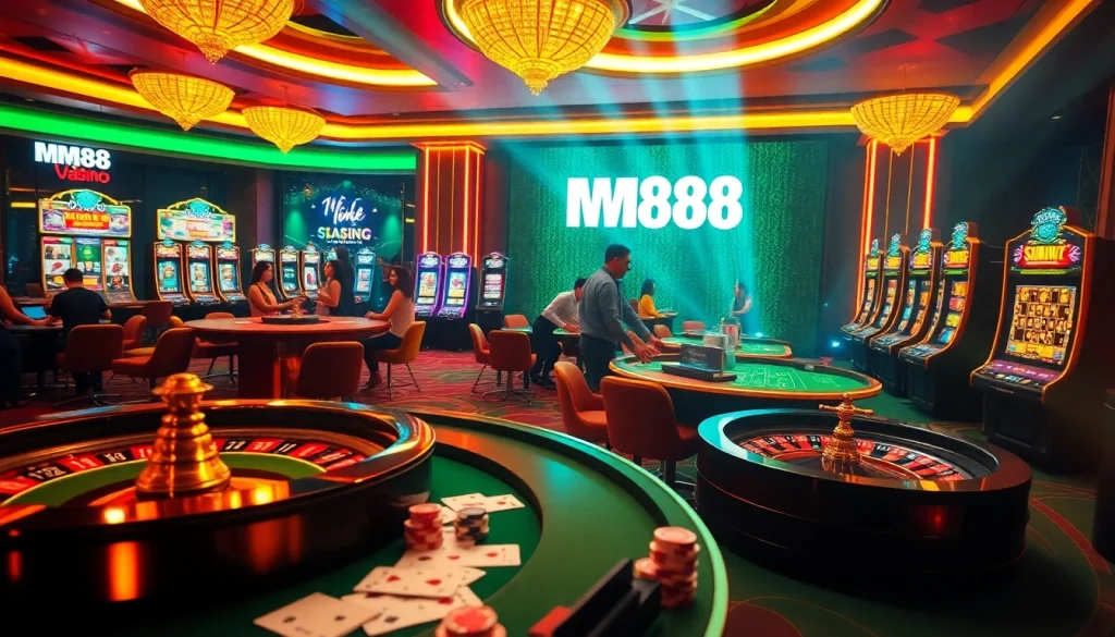 MM88 vibrant casino scene featuring exciting games and engaged players creating an exhilarating gambling atmosphere.