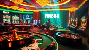 MM88 vibrant casino scene featuring exciting games and engaged players creating an exhilarating gambling atmosphere.