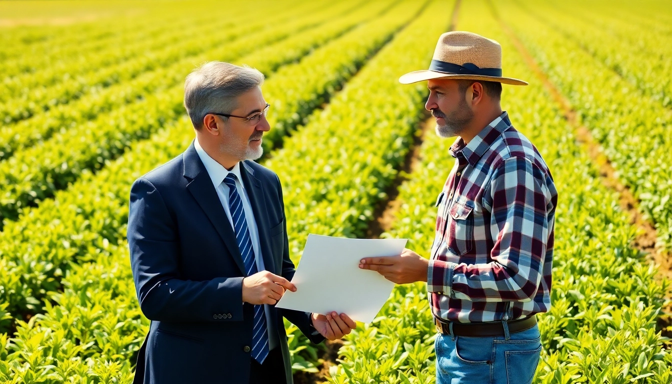 Engaged agriculture lawyer provides legal advice to a farmer in a vibrant field.