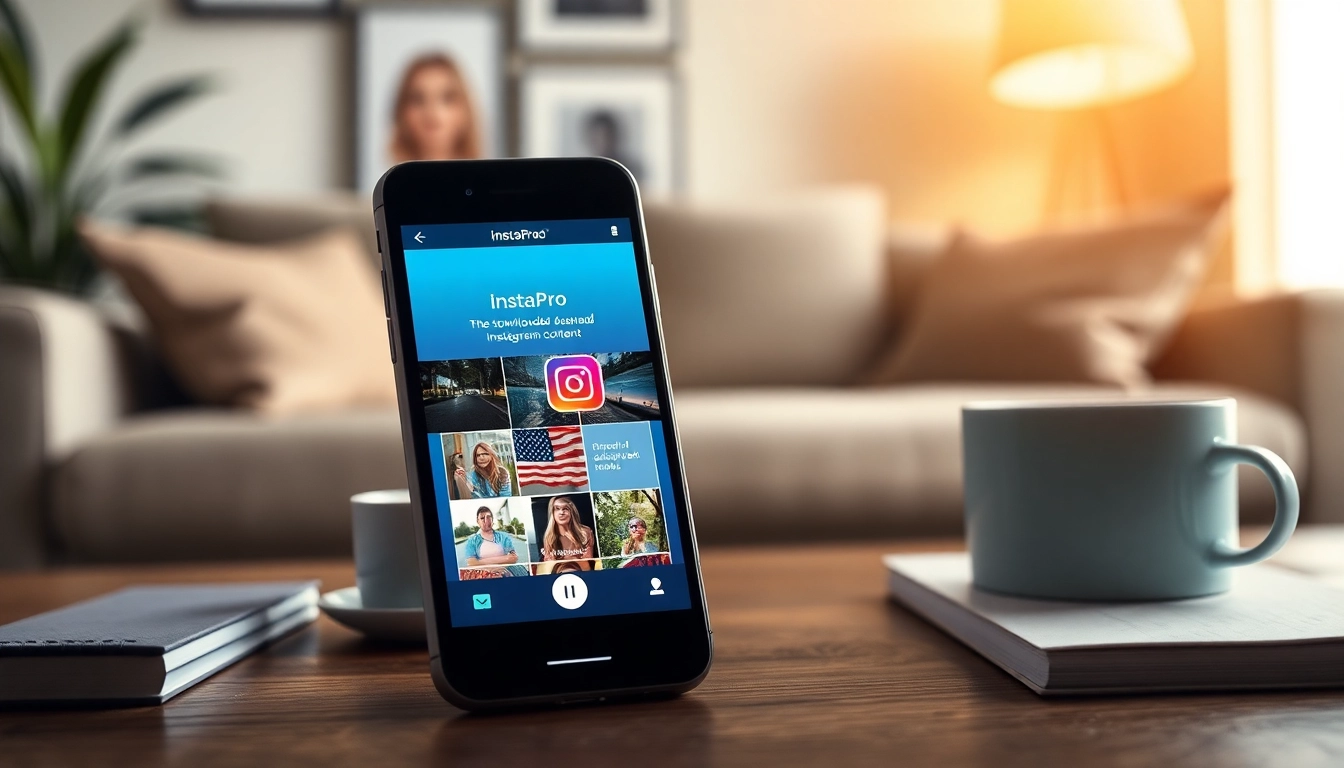InstaPro app showcased on a smartphone in a cozy living room, highlighting its user-friendly design.