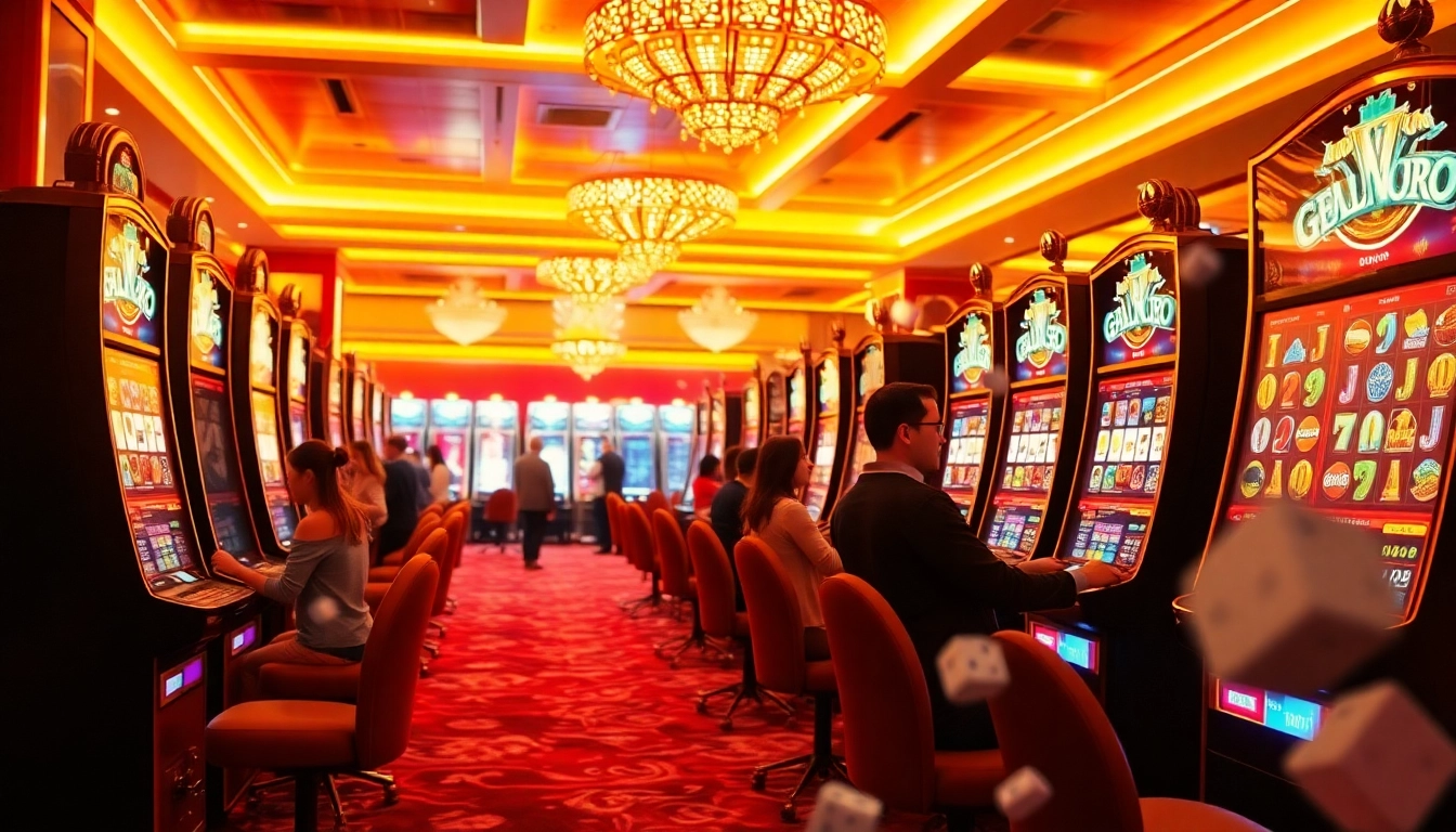 Experience the thrill of slot gacor hari ini with players celebrating big wins at colorful slot machines.