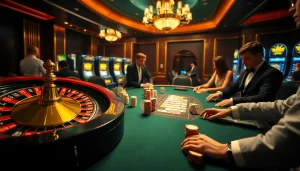 Experience thrilling gameplay with onicplay at a vibrant casino table featuring stacked poker chips and a spinning roulette wheel.