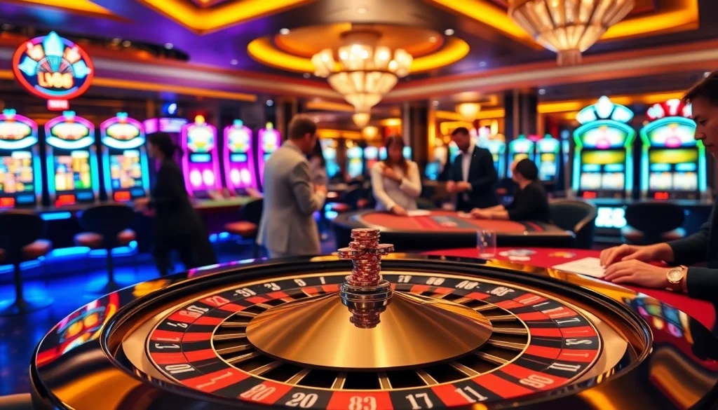 Engaging poker players and slot machines create a vibrant casino scene featuring LV88 brand