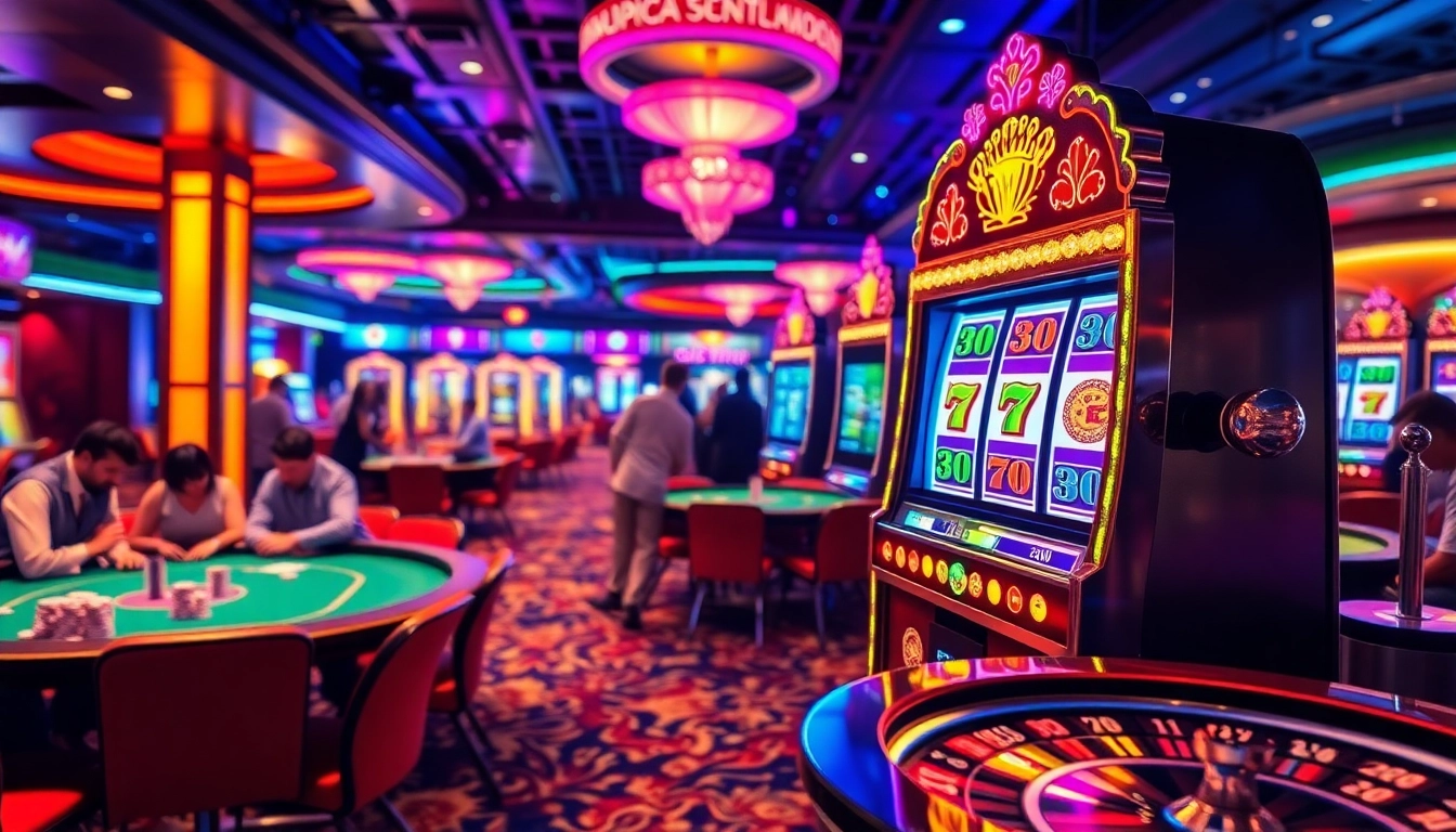 Spin the vibrant SLOT machine amidst a lively casino atmosphere with poker tables and cheering players.