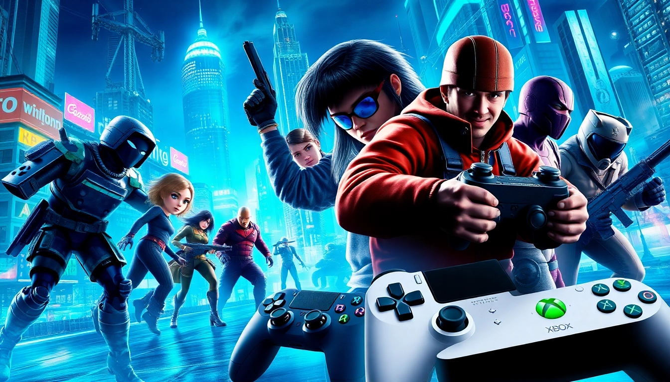 A dynamic scene of iconic characters from new game releases 2026 in an electrifying neon cityscape.