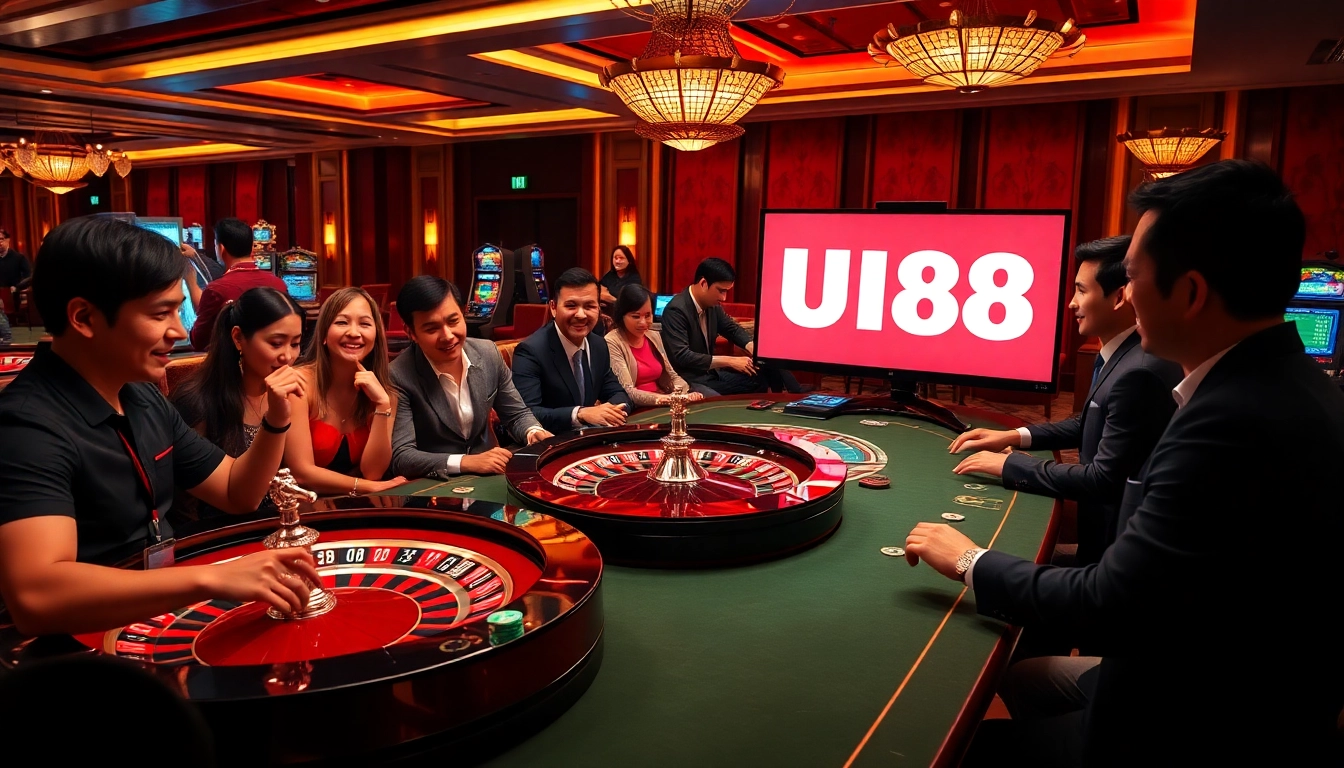 Players celebrating a win at UU88's online casino with vibrant gaming elements.
