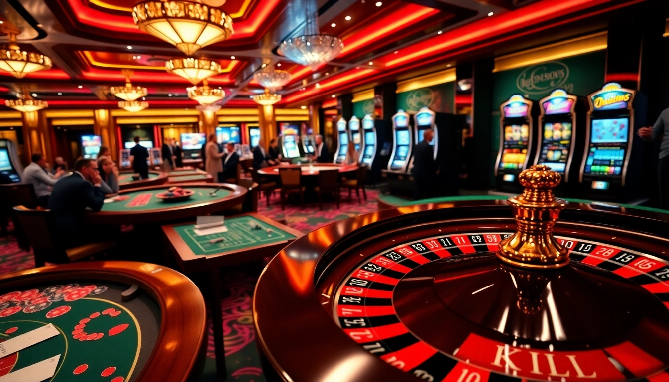 A vibrant casino scene showcasing exciting roulette and poker action at https://kjc.uk.com/ with luxurious decor and players engaged in thrilling bets.