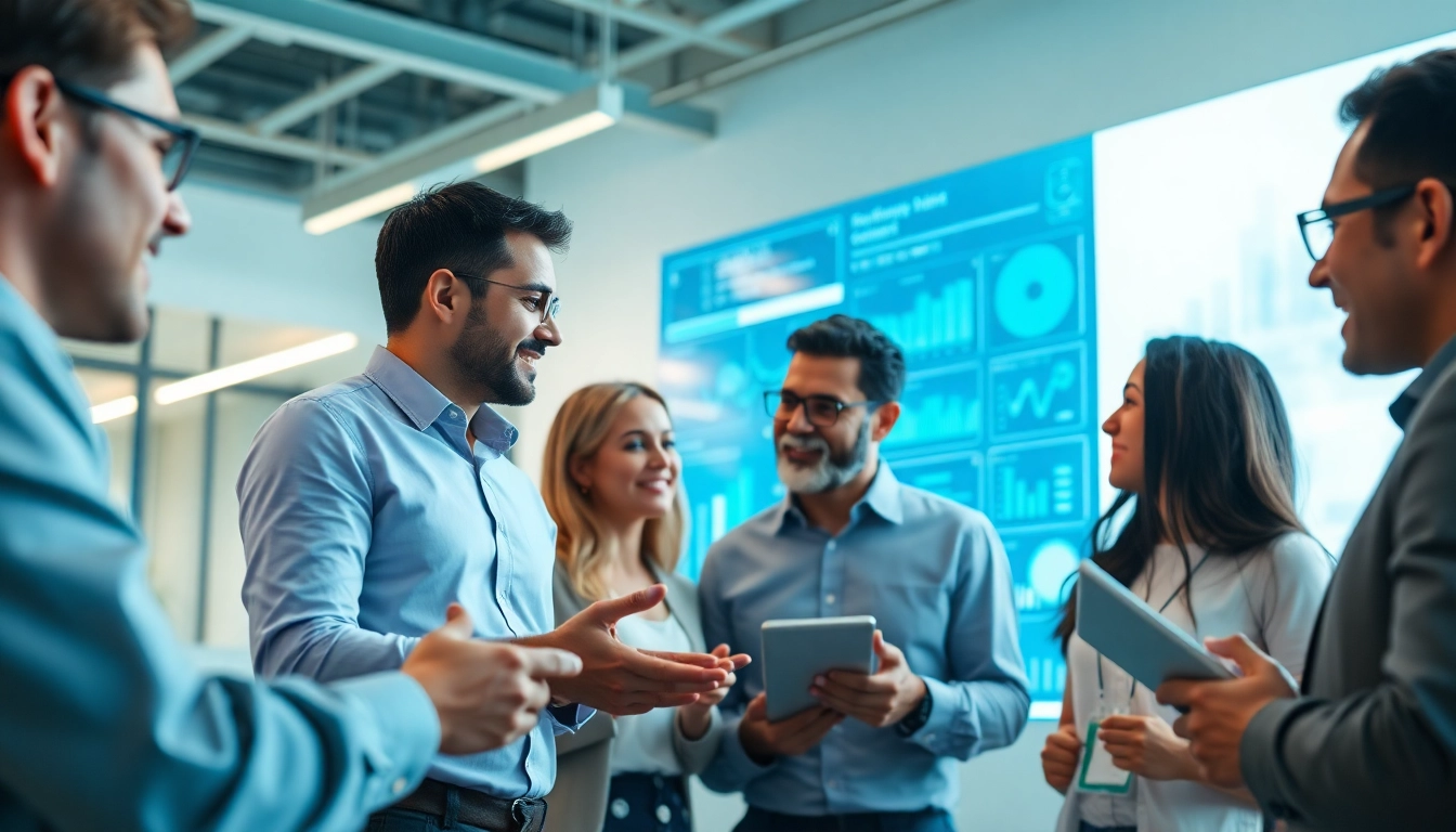 Team of AI integration service provider professionals collaborating in a modern office to enhance efficiency.