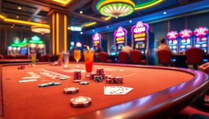 Experience the thrill of QH88 gaming at an elegant casino table surrounded by poker chips and cards.