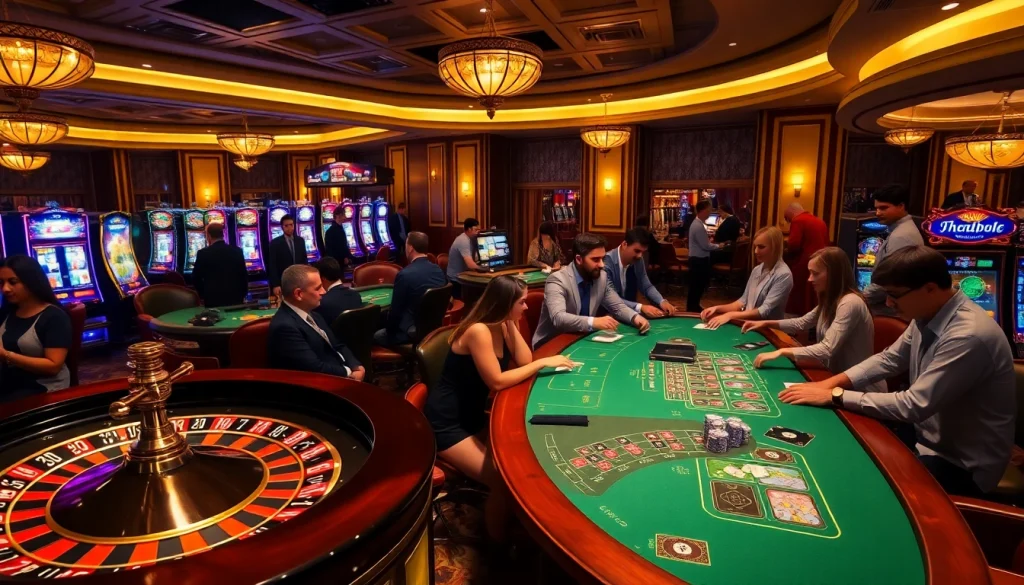 Engaging players experiencing high-stakes action at LC88 casino with vibrant tables and slot machines.